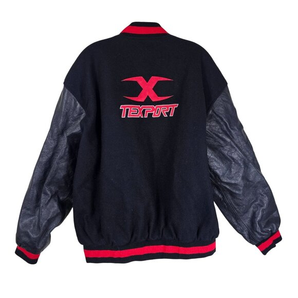 Texport Black & Red Wool Bomber Jacket 2XL Leather Sleeves Moto Bikercore Grunge - Picture 2 of 13